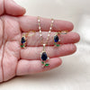Oro Laminado Earring and Pendant Adult Set, Gold Filled Style Flower Design, with Sapphire Blue and Green Cubic Zirconia, Polished, Golden Finish, 10.196.0208