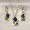 Oro Laminado Earring and Pendant Adult Set, Gold Filled Style Flower Design, with Sapphire Blue and Green Cubic Zirconia, Polished, Golden Finish, 10.196.0208