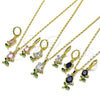 Oro Laminado Earring and Pendant Adult Set, Gold Filled Style Flower Design, with Sapphire Blue and Green Cubic Zirconia, Polished, Golden Finish, 10.196.0208