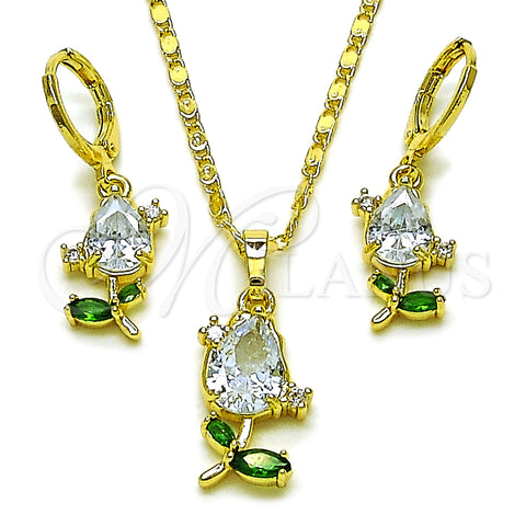 Oro Laminado Earring and Pendant Adult Set, Gold Filled Style Flower Design, with White and Green Cubic Zirconia, Polished, Golden Finish, 10.196.0208.1
