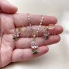 Oro Laminado Earring and Pendant Adult Set, Gold Filled Style Flower Design, with Pink and Green Cubic Zirconia, Polished, Golden Finish, 10.196.0208.2