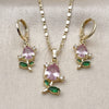 Oro Laminado Earring and Pendant Adult Set, Gold Filled Style Flower Design, with Pink and Green Cubic Zirconia, Polished, Golden Finish, 10.196.0208.2