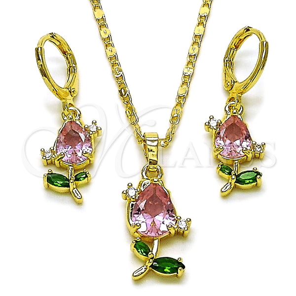 Oro Laminado Earring and Pendant Adult Set, Gold Filled Style Flower Design, with Pink and Green Cubic Zirconia, Polished, Golden Finish, 10.196.0208.2