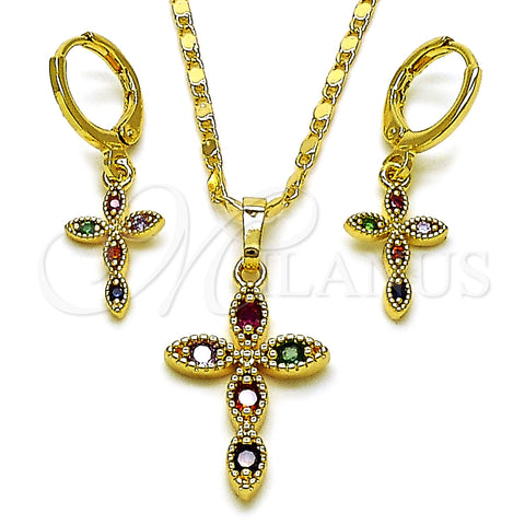 Oro Laminado Earring and Pendant Adult Set, Gold Filled Style Cross Design, with Multicolor Cubic Zirconia, Polished, Golden Finish, 10.196.0209
