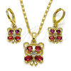 Oro Laminado Earring and Pendant Adult Set, Gold Filled Style Teddy Bear Design, with Ruby and White Cubic Zirconia, Polished, Golden Finish, 10.196.0210