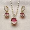 Oro Laminado Earring and Pendant Adult Set, Gold Filled Style Flower Design, with Ruby Cubic Zirconia and White Micro Pave, Polished, Golden Finish, 10.196.0211