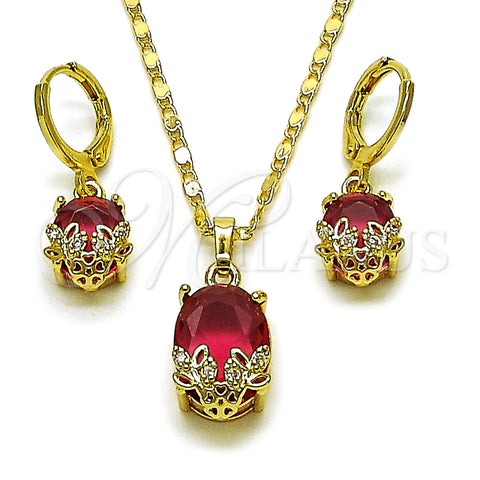 Oro Laminado Earring and Pendant Adult Set, Gold Filled Style Flower Design, with Ruby Cubic Zirconia and White Micro Pave, Polished, Golden Finish, 10.196.0211