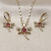 Oro Laminado Earring and Pendant Adult Set, Gold Filled Style Dragon-Fly Design, with Ruby and White Cubic Zirconia, Polished, Golden Finish, 10.196.0212