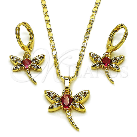 Oro Laminado Earring and Pendant Adult Set, Gold Filled Style Dragon-Fly Design, with Ruby and White Cubic Zirconia, Polished, Golden Finish, 10.196.0212