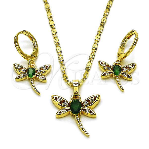 Oro Laminado Earring and Pendant Adult Set, Gold Filled Style Dragon-Fly Design, with Green and White Cubic Zirconia, Polished, Golden Finish, 10.196.0212.1