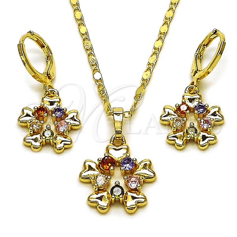 Oro Laminado Earring and Pendant Adult Set, Gold Filled Style Flower and Heart Design, with Multicolor Cubic Zirconia, Polished, Golden Finish, 10.196.0214