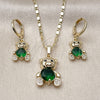 Oro Laminado Earring and Pendant Adult Set, Gold Filled Style Teddy Bear Design, with Green and White Cubic Zirconia, Polished, Golden Finish, 10.196.0215
