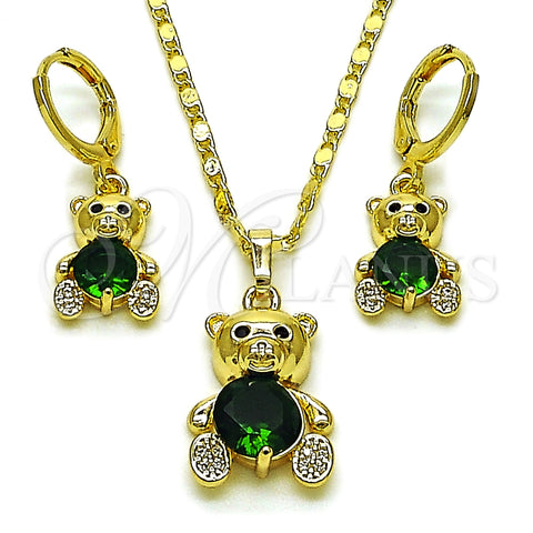 Oro Laminado Earring and Pendant Adult Set, Gold Filled Style Teddy Bear Design, with Green and White Cubic Zirconia, Polished, Golden Finish, 10.196.0215