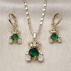 Oro Laminado Earring and Pendant Adult Set, Gold Filled Style Teddy Bear Design, with Green and White Cubic Zirconia, Polished, Golden Finish, 10.196.0215