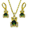 Oro Laminado Earring and Pendant Adult Set, Gold Filled Style Teddy Bear Design, with Green and White Cubic Zirconia, Polished, Golden Finish, 10.196.0215