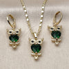 Oro Laminado Earring and Pendant Adult Set, Gold Filled Style Owl Design, with Green and Black Cubic Zirconia, Polished, Golden Finish, 10.196.0216
