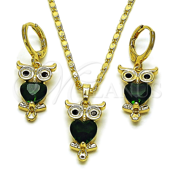 Oro Laminado Earring and Pendant Adult Set, Gold Filled Style Owl Design, with Green and Black Cubic Zirconia, Polished, Golden Finish, 10.196.0216