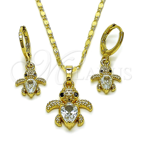 Oro Laminado Earring and Pendant Adult Set, Gold Filled Style Turtle Design, with White and Black Cubic Zirconia, Polished, Golden Finish, 10.196.0217