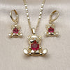 Oro Laminado Earring and Pendant Adult Set, Gold Filled Style Teddy Bear and Heart Design, with Ruby Cubic Zirconia, Polished, Golden Finish, 10.196.0218