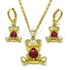 Oro Laminado Earring and Pendant Adult Set, Gold Filled Style Teddy Bear and Heart Design, with Ruby Cubic Zirconia, Polished, Golden Finish, 10.196.0218