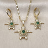 Oro Laminado Earring and Pendant Adult Set, Gold Filled Style Turtle and Teardrop Design, with Green and White Cubic Zirconia, Polished, Golden Finish, 10.196.0140.2
