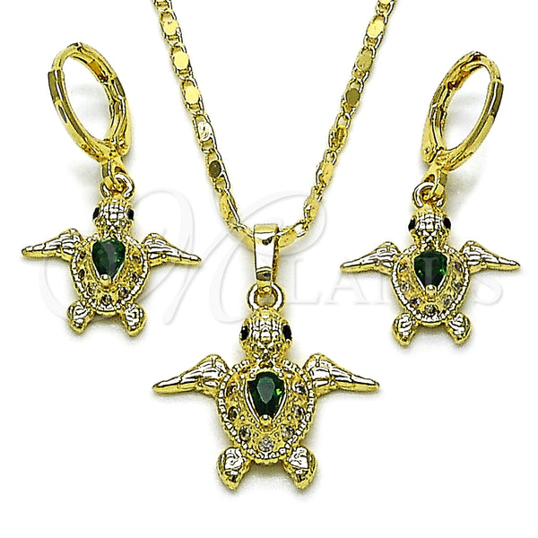 Oro Laminado Earring and Pendant Adult Set, Gold Filled Style Turtle and Teardrop Design, with Green and White Cubic Zirconia, Polished, Golden Finish, 10.196.0140.2