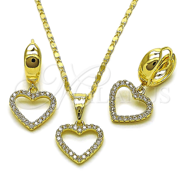Oro Laminado Earring and Pendant Adult Set, Gold Filled Style Heart Design, with White Cubic Zirconia, Polished, Golden Finish, 10.196.0219