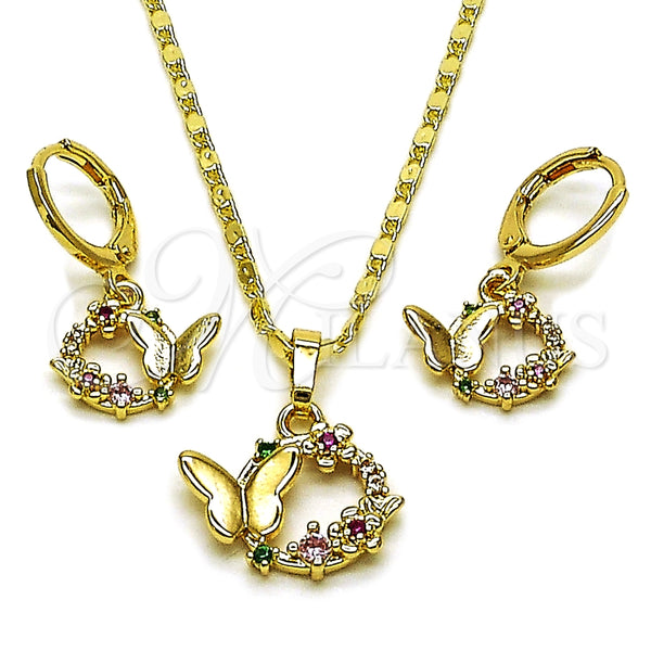 Oro Laminado Earring and Pendant Adult Set, Gold Filled Style Butterfly and Flower Design, with Multicolor Cubic Zirconia, Polished, Golden Finish, 10.196.0220