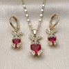 Oro Laminado Earring and Pendant Adult Set, Gold Filled Style Heart Design, with Ruby Cubic Zirconia and White Micro Pave, Polished, Golden Finish, 10.196.0221