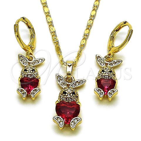 Oro Laminado Earring and Pendant Adult Set, Gold Filled Style Heart Design, with Ruby Cubic Zirconia and White Micro Pave, Polished, Golden Finish, 10.196.0221
