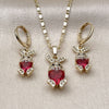 Oro Laminado Earring and Pendant Adult Set, Gold Filled Style Heart Design, with Ruby Cubic Zirconia and White Micro Pave, Polished, Golden Finish, 10.196.0221