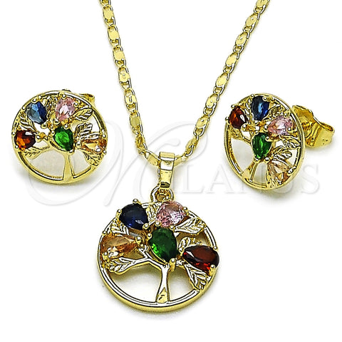 Oro Laminado Earring and Pendant Adult Set, Gold Filled Style Tree and Teardrop Design, with Multicolor Cubic Zirconia, Polished, Golden Finish, 10.196.0222