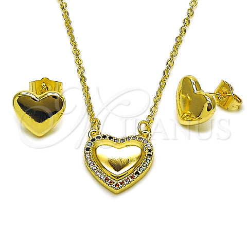 Oro Laminado Earring and Pendant Adult Set, Gold Filled Style Heart Design, with Multicolor Micro Pave, Polished, Golden Finish, 10.196.0223
