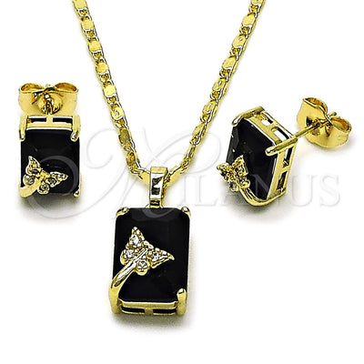 Oro Laminado Earring and Pendant Adult Set, Gold Filled Style Heart Design, with Black Cubic Zirconia and White Micro Pave, Polished, Golden Finish, 10.196.0224