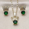 Oro Laminado Earring and Pendant Adult Set, Gold Filled Style Butterfly Design, with Green Cubic Zirconia and White Micro Pave, Polished, Golden Finish, 10.196.0226