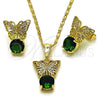Oro Laminado Earring and Pendant Adult Set, Gold Filled Style Butterfly Design, with Green Cubic Zirconia and White Micro Pave, Polished, Golden Finish, 10.196.0226