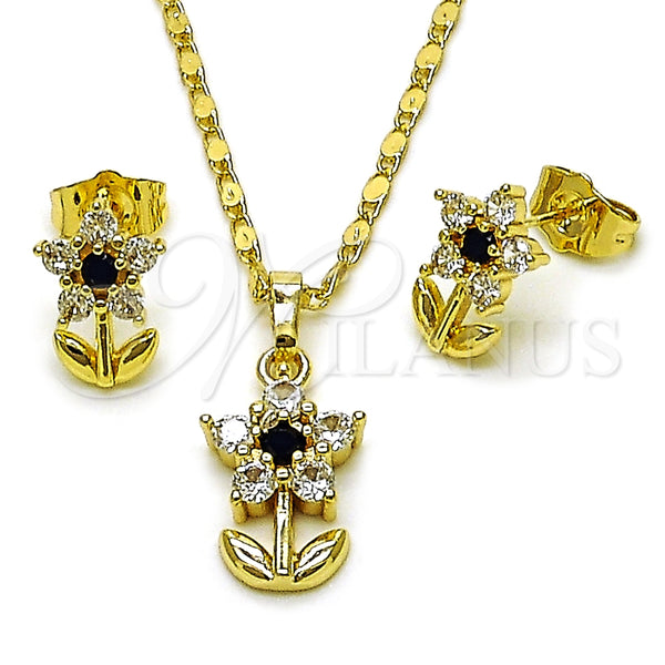 Oro Laminado Earring and Pendant Adult Set, Gold Filled Style Flower Design, with White and Black Cubic Zirconia, Polished, Golden Finish, 10.196.0227