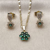 Oro Laminado Earring and Pendant Adult Set, Gold Filled Style Flower Design, with Green and White Cubic Zirconia, Polished, Golden Finish, 10.196.0228