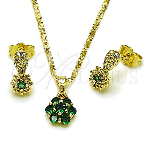 Oro Laminado Earring and Pendant Adult Set, Gold Filled Style Flower Design, with Green and White Cubic Zirconia, Polished, Golden Finish, 10.196.0228
