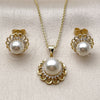 Oro Laminado Earring and Pendant Adult Set, Gold Filled Style Flower and Cluster Design, with Ivory Pearl and White Cubic Zirconia, Polished, Golden Finish, 10.156.0557