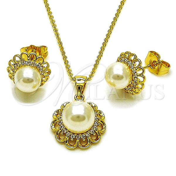 Oro Laminado Earring and Pendant Adult Set, Gold Filled Style Flower and Cluster Design, with Ivory Pearl and White Cubic Zirconia, Polished, Golden Finish, 10.156.0557