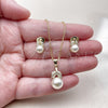 Oro Laminado Earring and Pendant Adult Set, Gold Filled Style Leaf and Ball Design, with Ivory Pearl and White Cubic Zirconia, Polished, Golden Finish, 10.156.0558