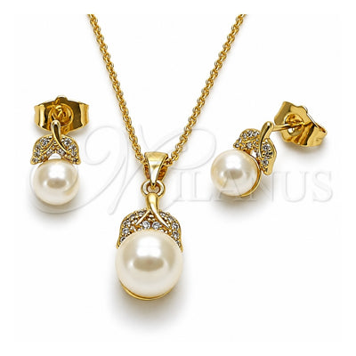 Oro Laminado Earring and Pendant Adult Set, Gold Filled Style Leaf and Ball Design, with Ivory Pearl and White Cubic Zirconia, Polished, Golden Finish, 10.156.0558