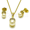 Oro Laminado Earring and Pendant Adult Set, Gold Filled Style Leaf and Ball Design, with Ivory Pearl and White Cubic Zirconia, Polished, Golden Finish, 10.156.0558