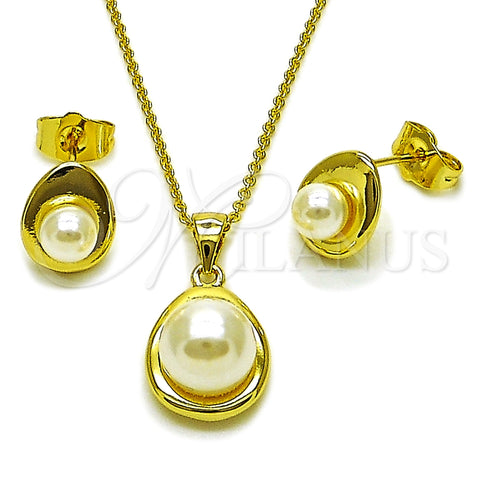 Oro Laminado Earring and Pendant Adult Set, Gold Filled Style Ball and Teardrop Design, with Ivory Pearl, Polished, Golden Finish, 10.156.0559
