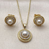Oro Laminado Earring and Pendant Adult Set, Gold Filled Style Ball and Cluster Design, with Ivory Pearl and White Cubic Zirconia, Polished, Golden Finish, 10.156.0560