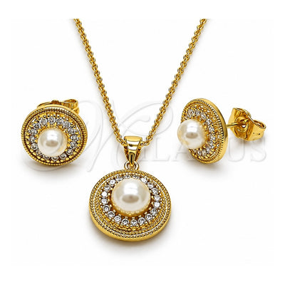 Oro Laminado Earring and Pendant Adult Set, Gold Filled Style Ball and Cluster Design, with Ivory Pearl and White Cubic Zirconia, Polished, Golden Finish, 10.156.0560