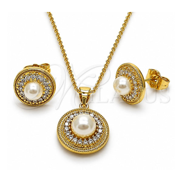 Oro Laminado Earring and Pendant Adult Set, Gold Filled Style Ball and Cluster Design, with Ivory Pearl and White Cubic Zirconia, Polished, Golden Finish, 10.156.0560