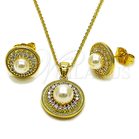 Oro Laminado Earring and Pendant Adult Set, Gold Filled Style Ball and Cluster Design, with Ivory Pearl and White Cubic Zirconia, Polished, Golden Finish, 10.156.0560