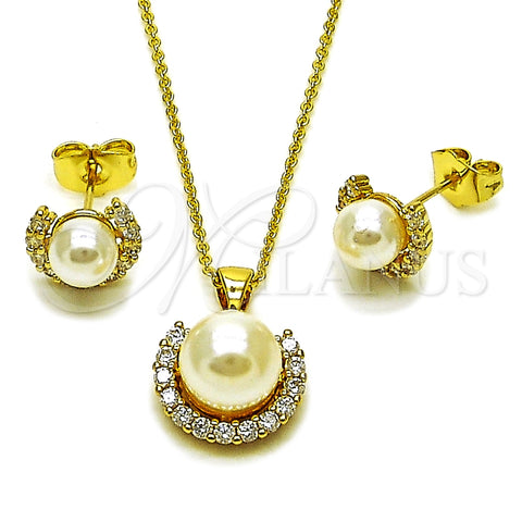 Oro Laminado Earring and Pendant Adult Set, Gold Filled Style Cluster and Ball Design, with Ivory Pearl and White Cubic Zirconia, Polished, Golden Finish, 10.156.0561